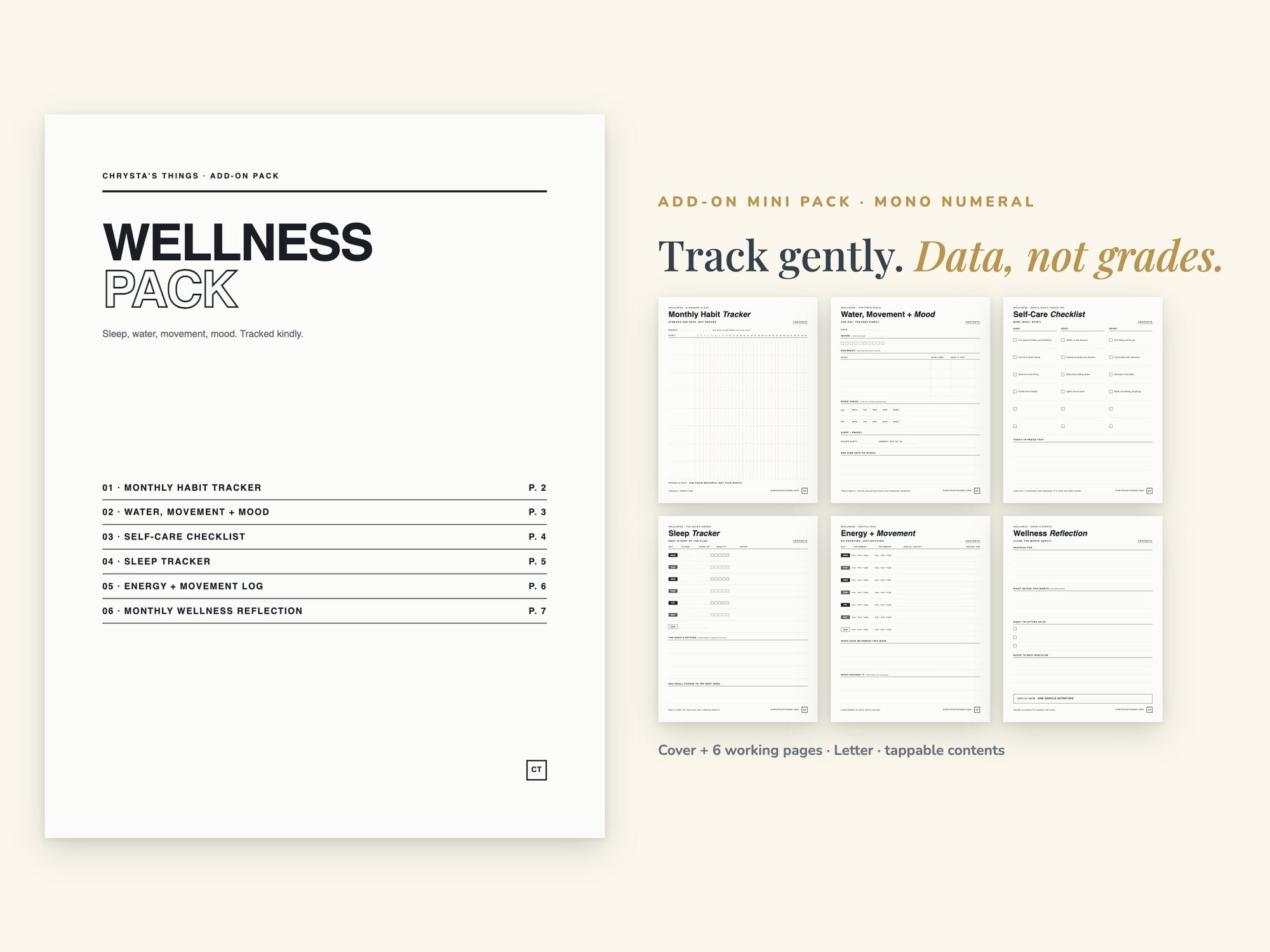 Wellness Pack | Printable Wellness Tracker Pages | Minimalist | Letter 8.5 x 11 | Hyperlinked PDF GoodNotes iPad | ADHD Friendly Add-On