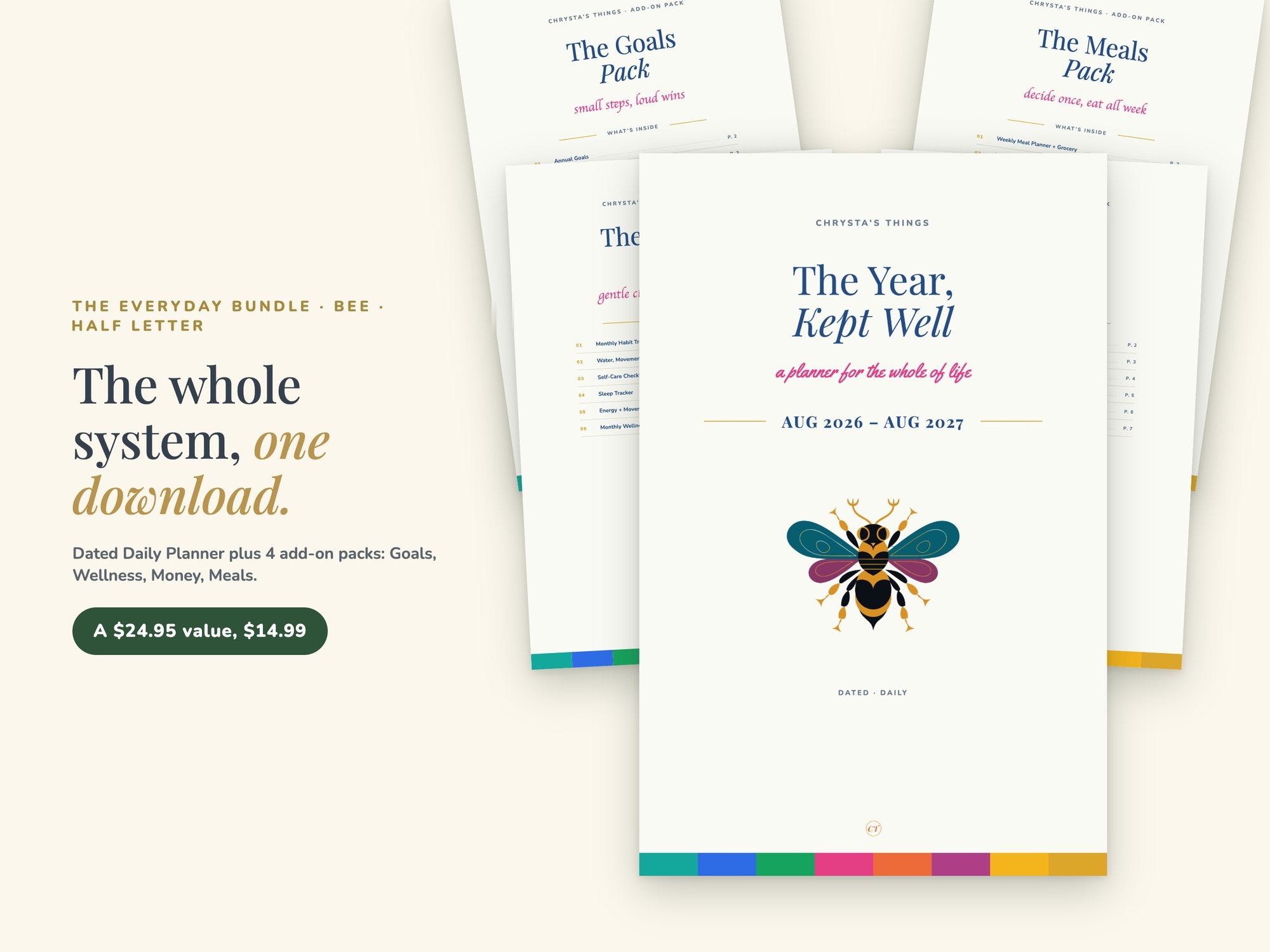 Life Planner Bundle 2026 2027 | Dated Daily + Goals Wellness Money Meals Packs | Half Letter | Hyperlinked PDF GoodNotes | ADHD Friendly