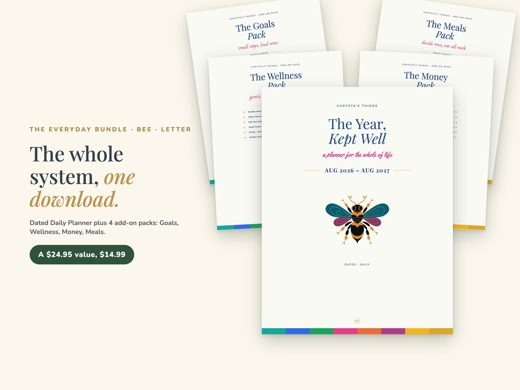 Life Planner Bundle 2026 2027 | Dated Daily + Goals Wellness Money Meals Packs | Bee | Hyperlinked PDF GoodNotes | ADHD Friendly
