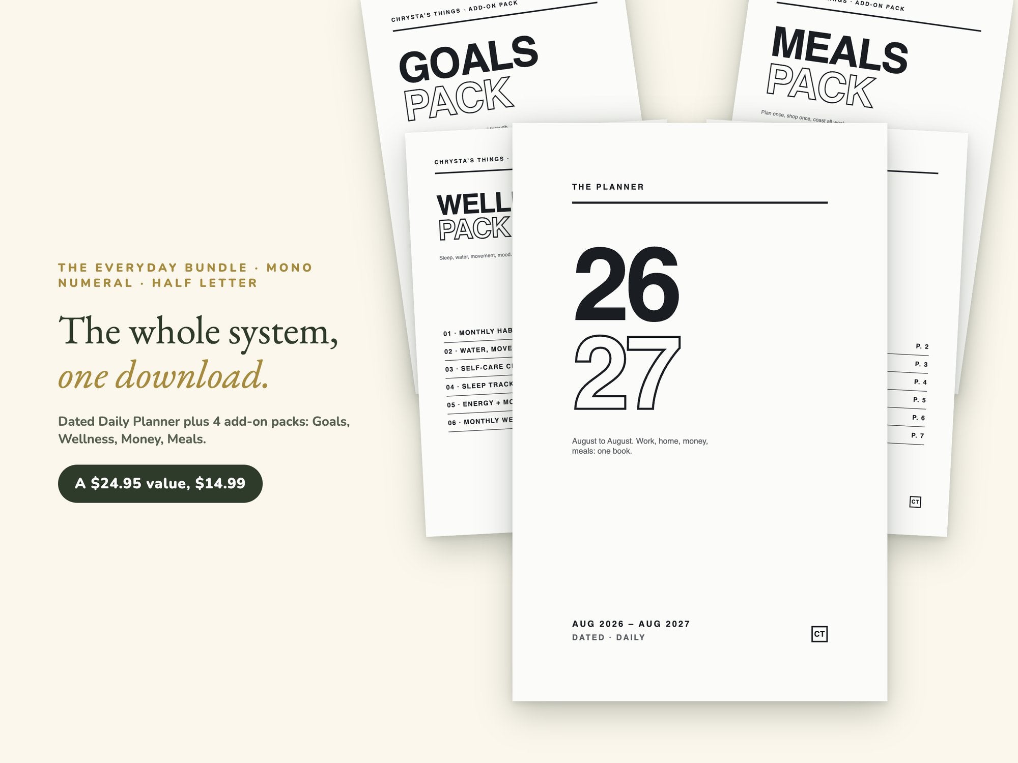 Life Planner Bundle 2026 2027 | Dated Daily + Goals Wellness Money Meals Packs | Minimalist | Half Letter | Hyperlinked PDF