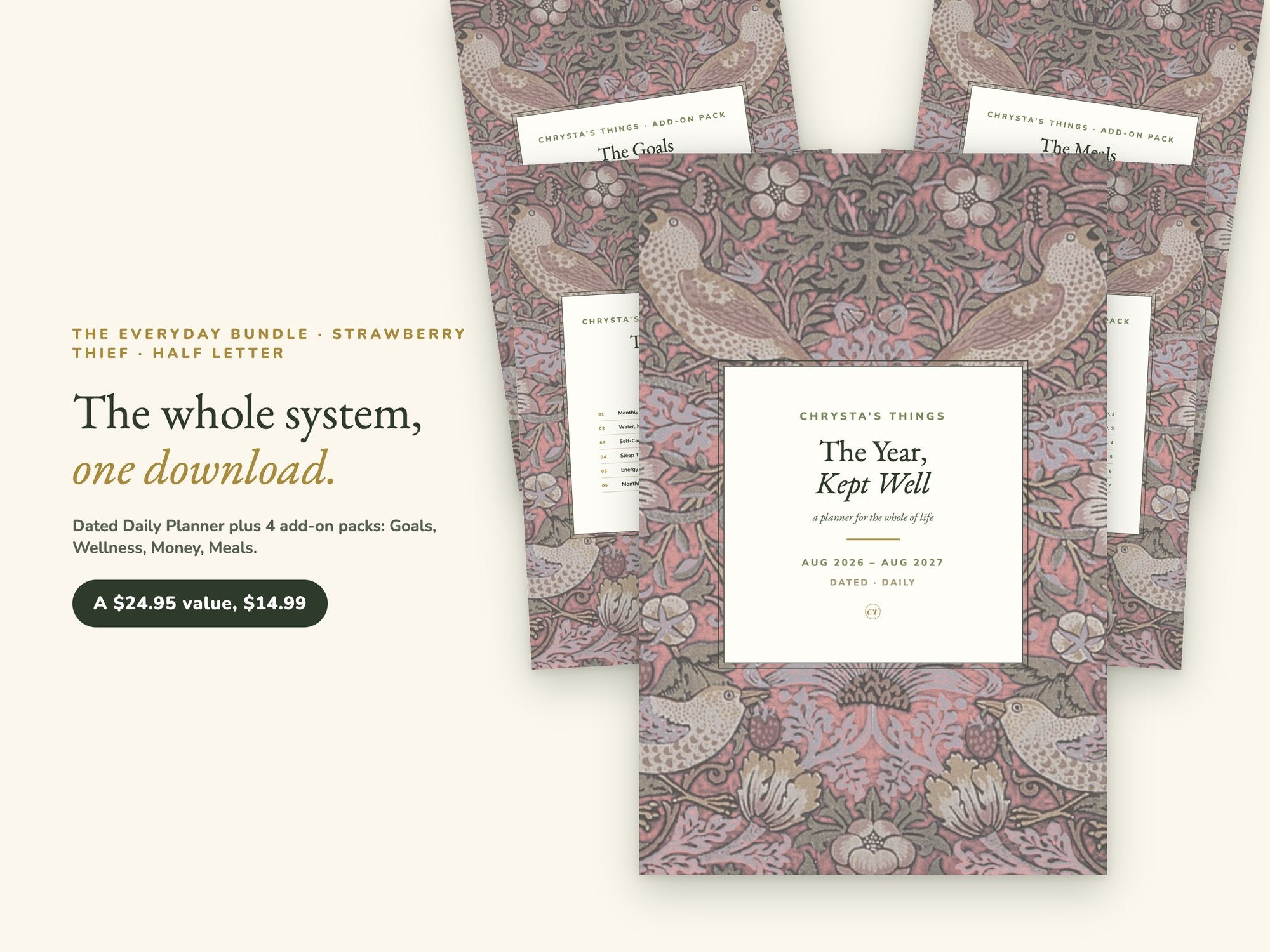 Life Planner Bundle 2026 2027 | Dated Daily + Goals Wellness Money Meals Packs | Strawberry Thief | Half Letter | Hyperlinked PDF