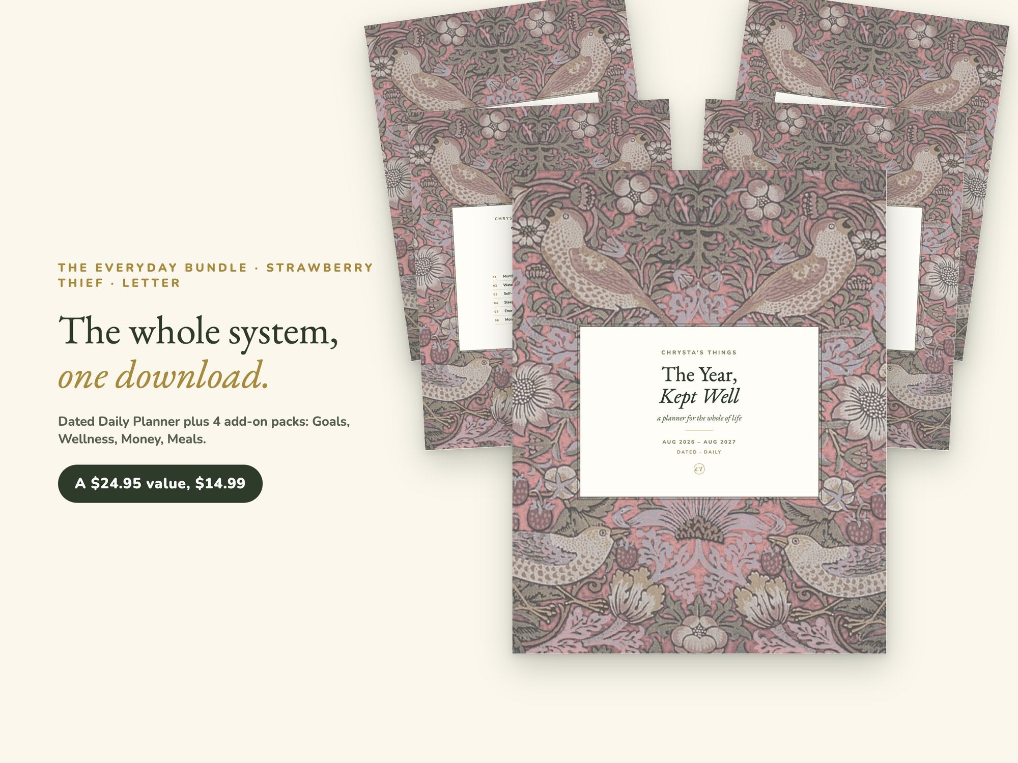 Life Planner Bundle 2026 2027 | Dated Daily + Goals Wellness Money Meals Packs | Strawberry Thief | Hyperlinked PDF GoodNotes