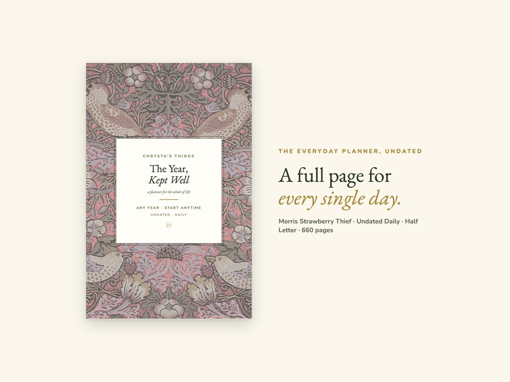 Undated Life Planner | Daily Hyperlinked PDF | Strawberry Thief | Half Letter 5.5 x 8.5 | GoodNotes iPad + Printable