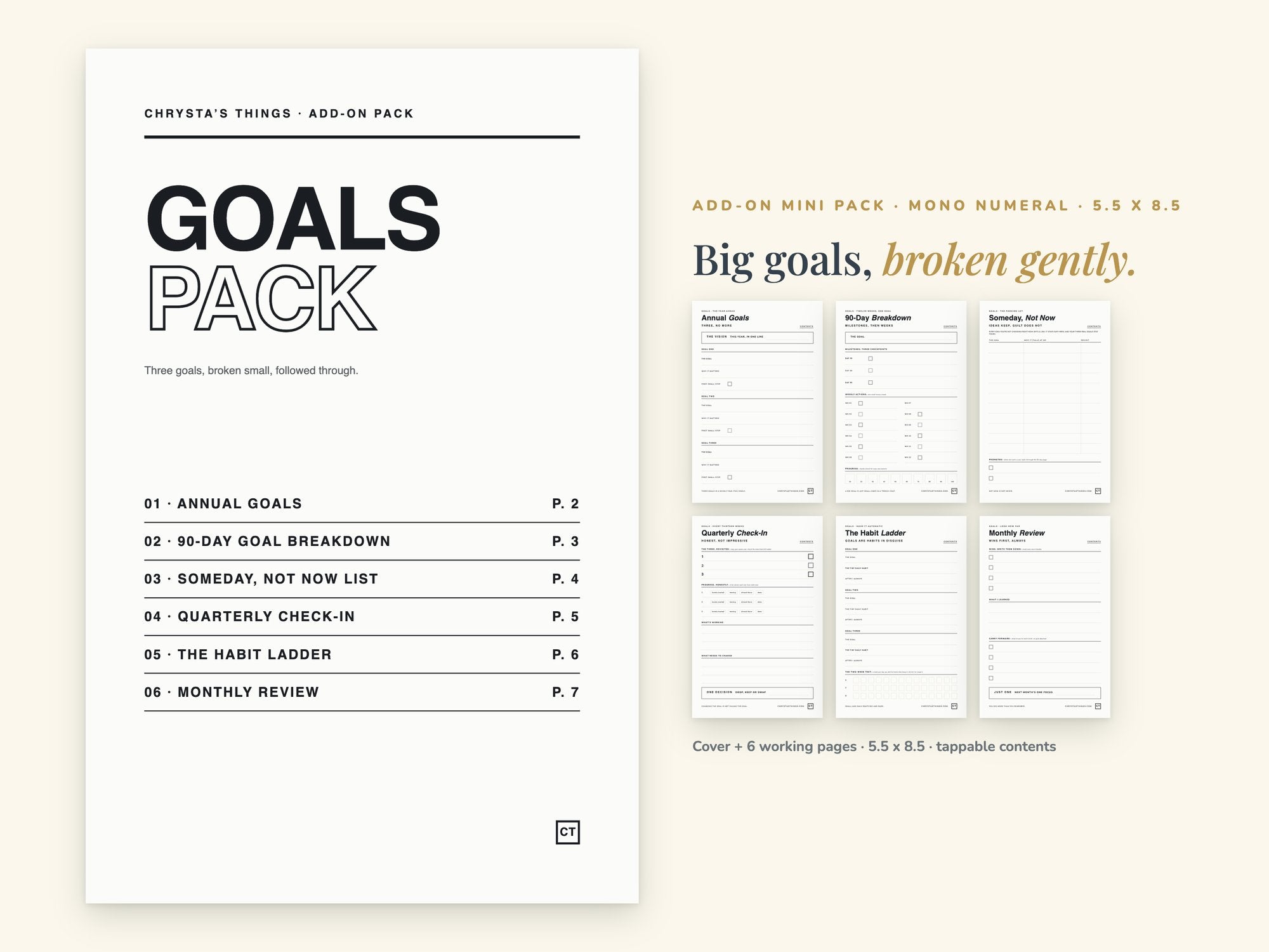 Goals Pack | Printable Goal Setting Pages | Minimalist | Half Letter 5.5 x 8.5 | Hyperlinked PDF GoodNotes iPad | ADHD Friendly Add-On