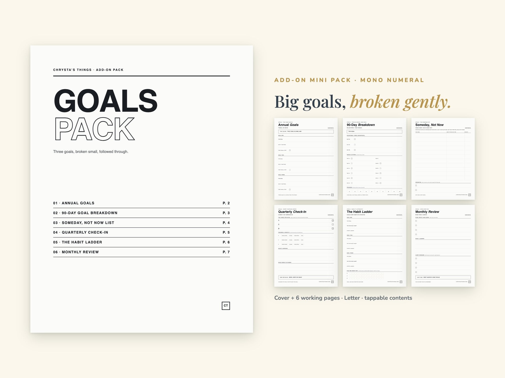 Goals Pack | Printable Goal Setting Pages | Minimalist | Letter 8.5 x 11 | Hyperlinked PDF GoodNotes iPad | ADHD Friendly Planner Add-On