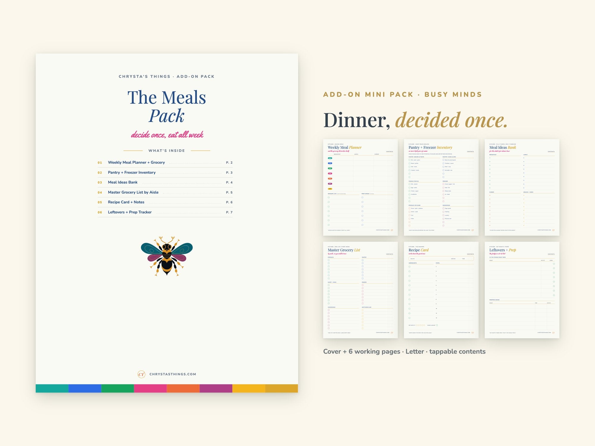 Meals Pack | Printable Meal Planner + Grocery Pages | Bee | Letter 8.5 x 11 | Hyperlinked PDF GoodNotes | ADHD Friendly Add-On