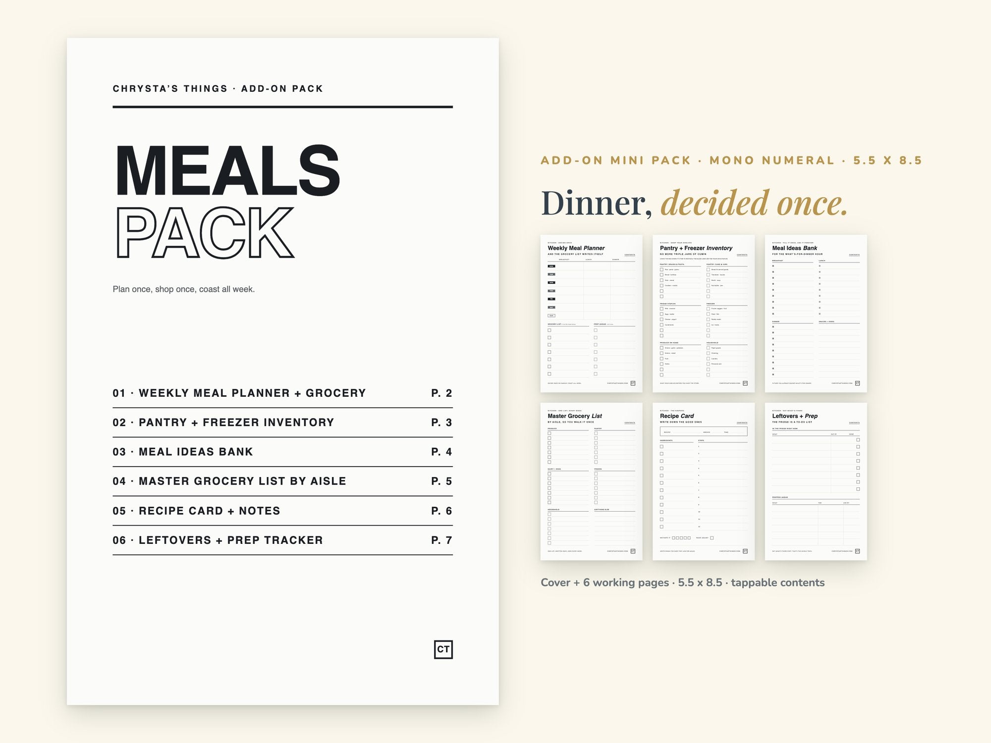 Meals Pack | Printable Meal Planner + Grocery Pages | Minimalist | Half Letter 5.5 x 8.5 | Hyperlinked PDF GoodNotes | ADHD Friendly