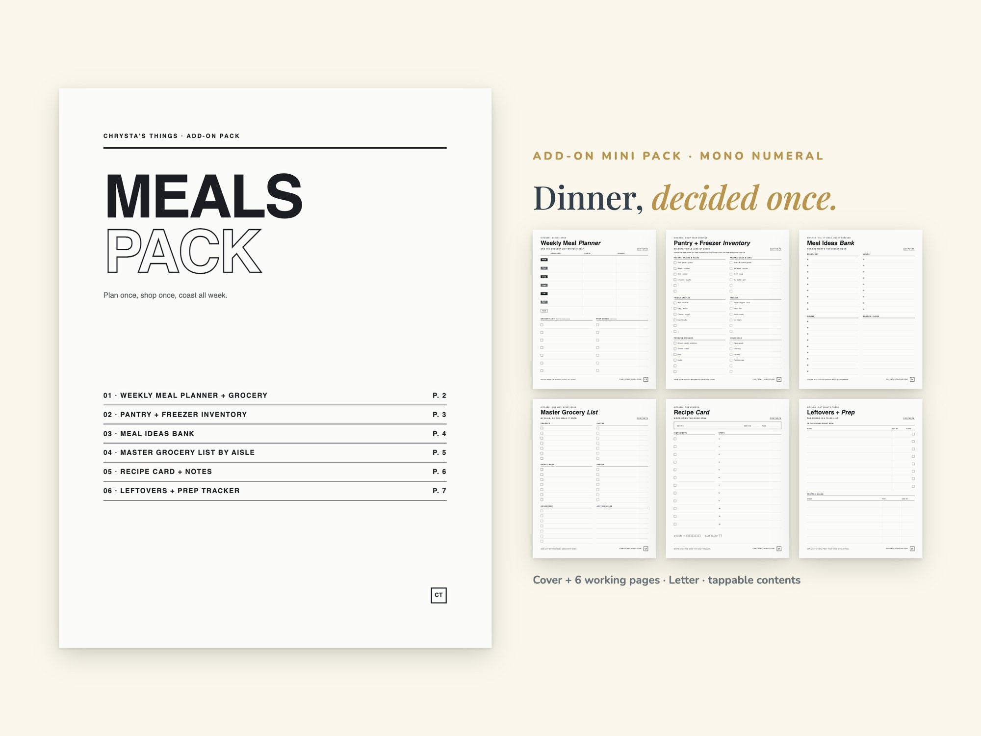 Meals Pack | Printable Meal Planner + Grocery Pages | Minimalist | Letter 8.5 x 11 | Hyperlinked PDF GoodNotes | ADHD Friendly Add-On