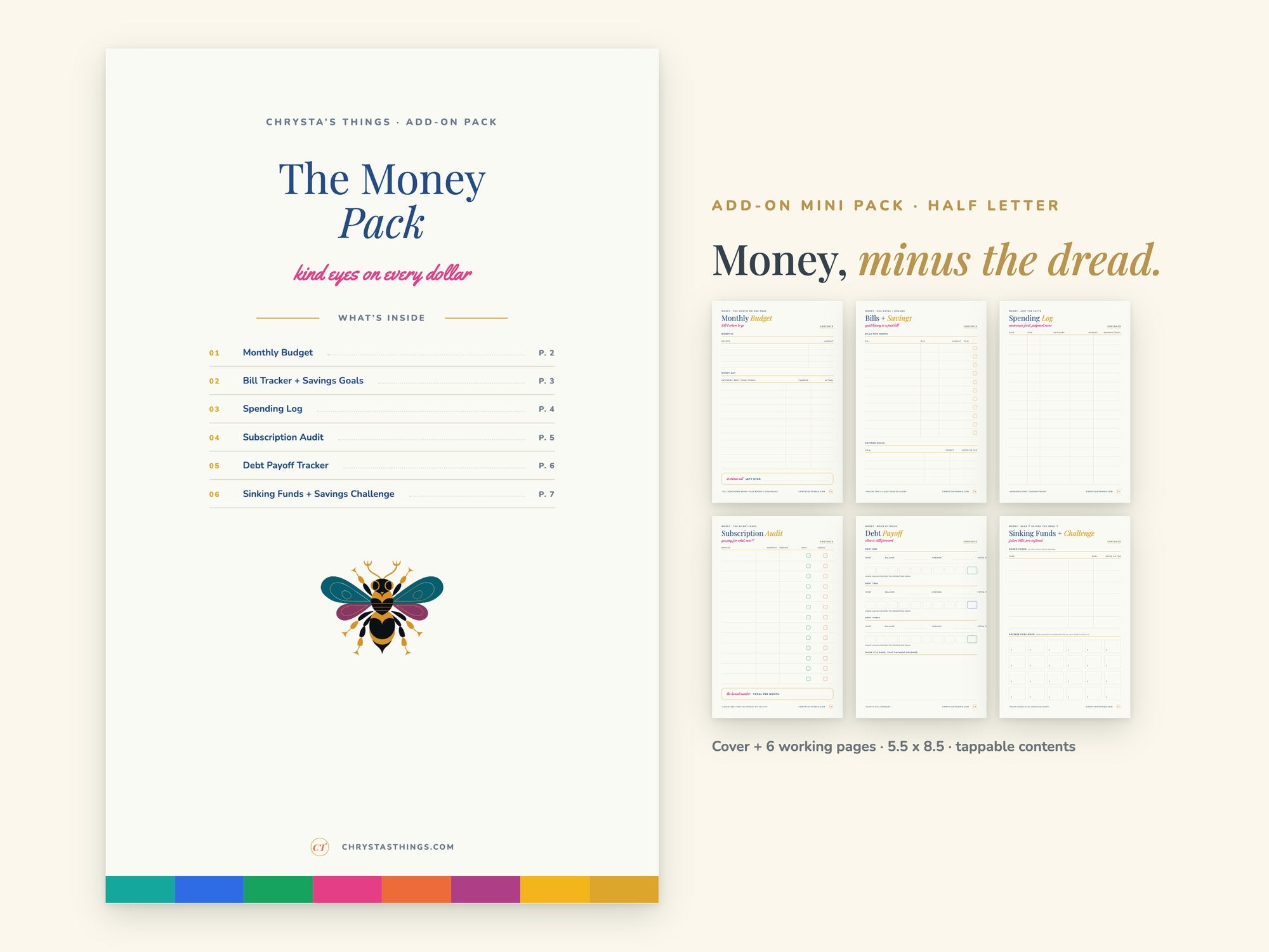 Money Pack | Printable Budget + Bill Tracker Pages | Bee | Half Letter 5.5 x 8.5 | Hyperlinked PDF GoodNotes | ADHD Friendly