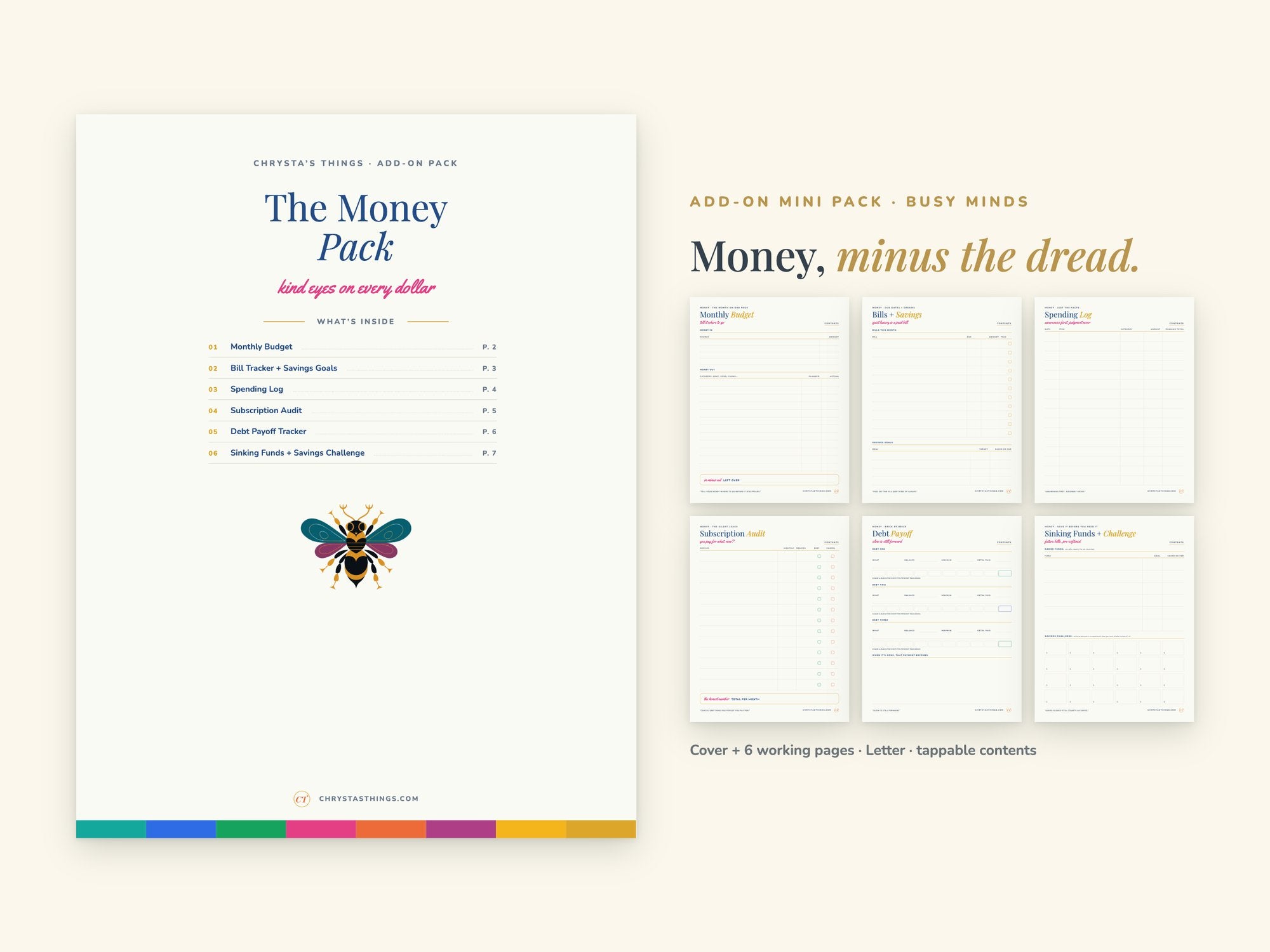 Money Pack | Printable Budget + Bill Tracker Pages | Bee | Letter 8.5 x 11 | Hyperlinked PDF GoodNotes | ADHD Friendly Add-On
