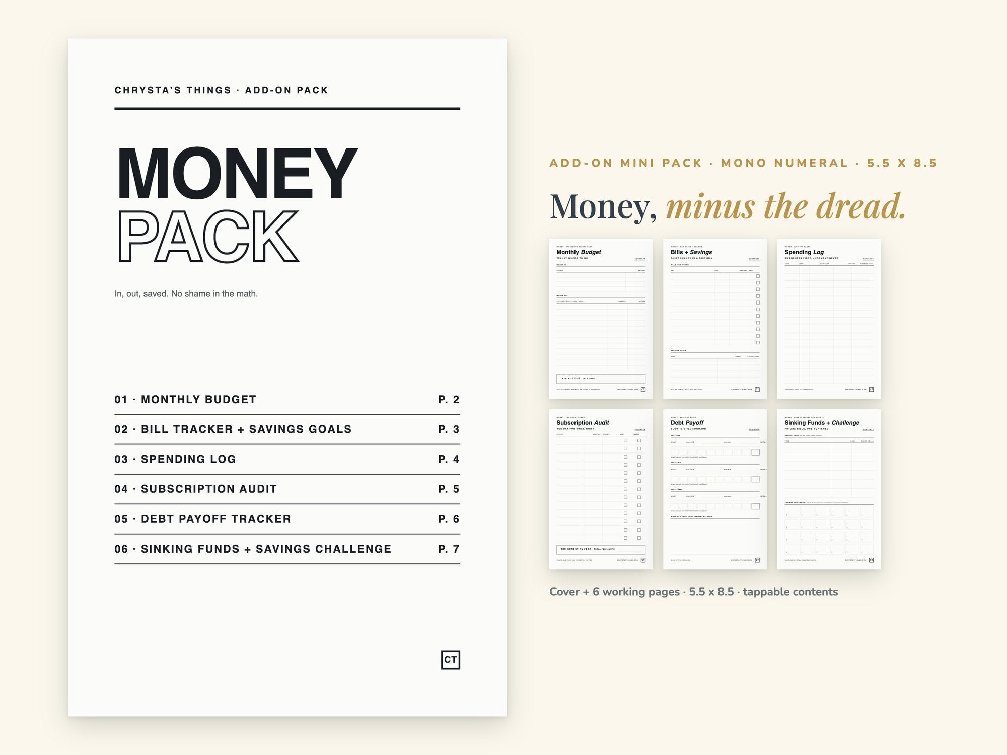 Money Pack | Printable Budget + Bill Tracker Pages | Minimalist | Half Letter 5.5 x 8.5 | Hyperlinked PDF GoodNotes | ADHD Friendly