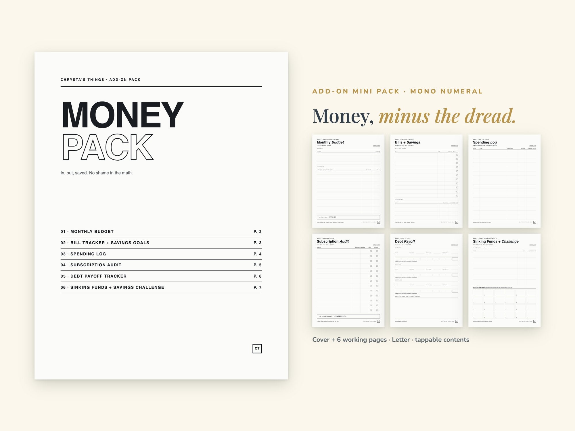 Money Pack | Printable Budget + Bill Tracker Pages | Minimalist | Letter 8.5 x 11 | Hyperlinked PDF GoodNotes | ADHD Friendly Add-On