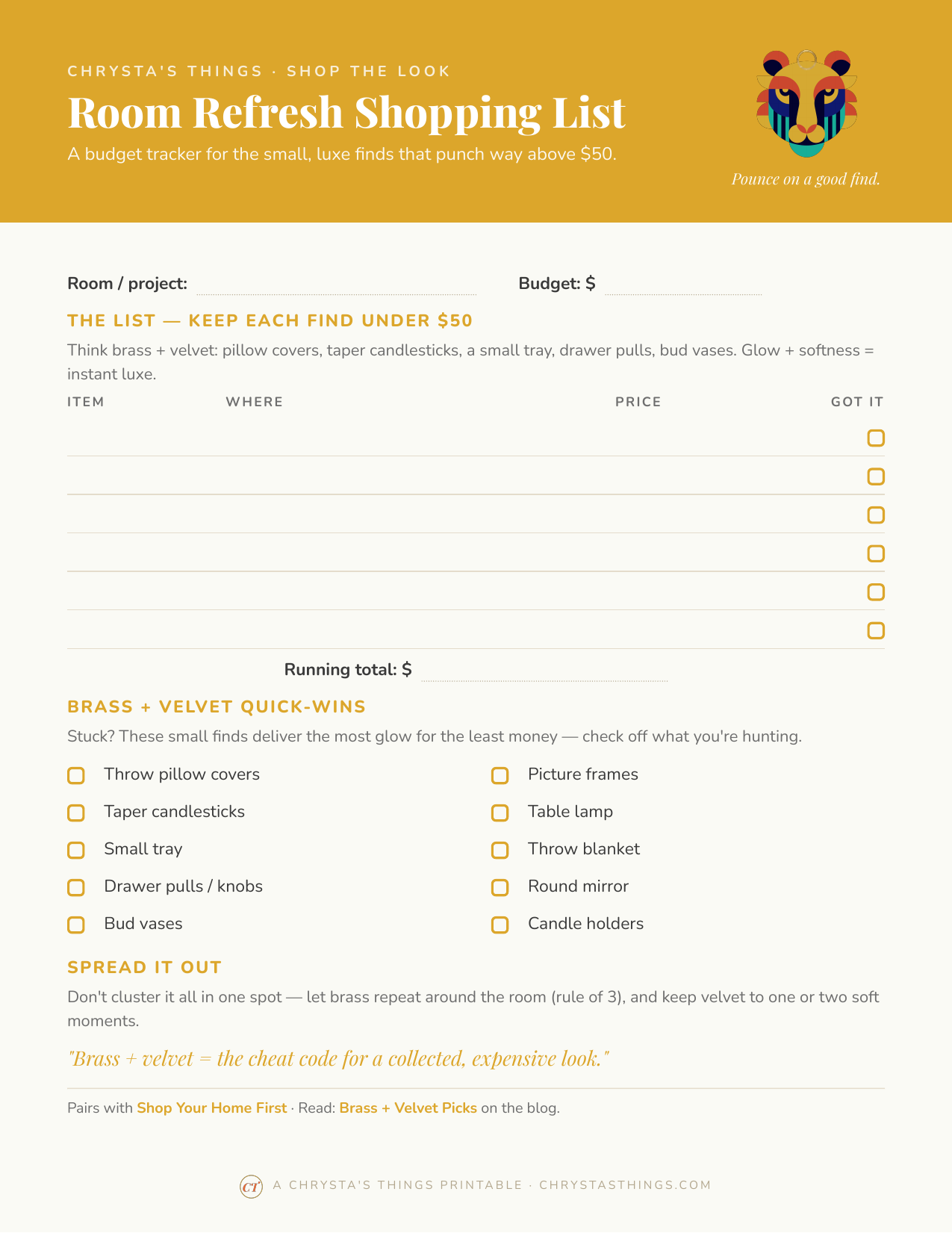 Room Refresh Shopping List + Budget Tracker
